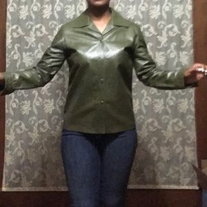 “Ostrich leather look” olive green poly jacket